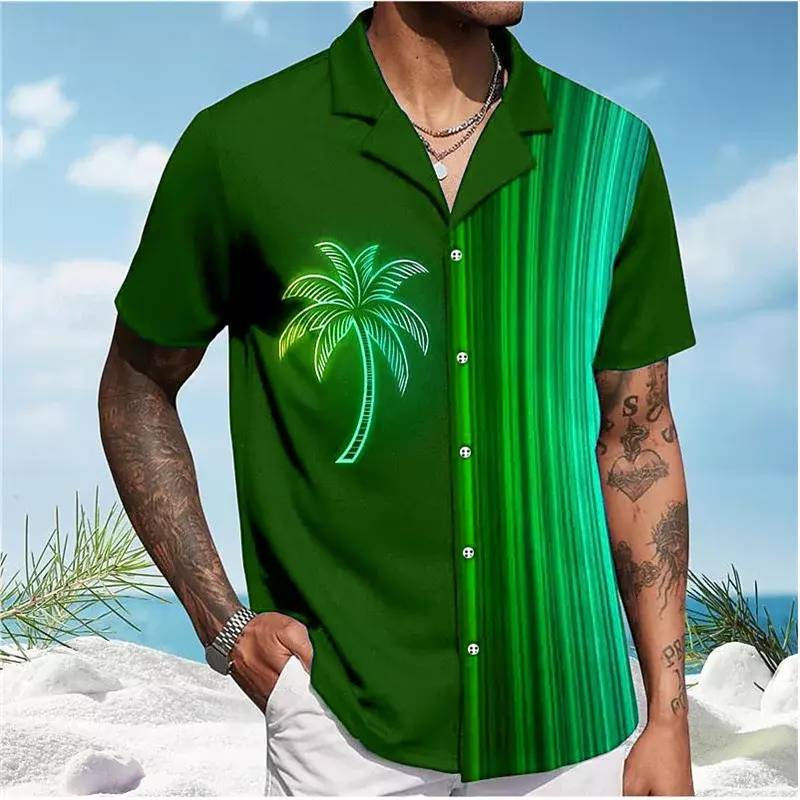 قميص للرجال مطبوع ثلاثي الأبعاد شجرة النخيل ، طية صدر السترة الصيفية للشاطئ للعطلات ، أكمام قصيرة ، قميص أرجواني ، مقاس كبير 5XL ، 8 ألوان ، هاواي ، الصيف