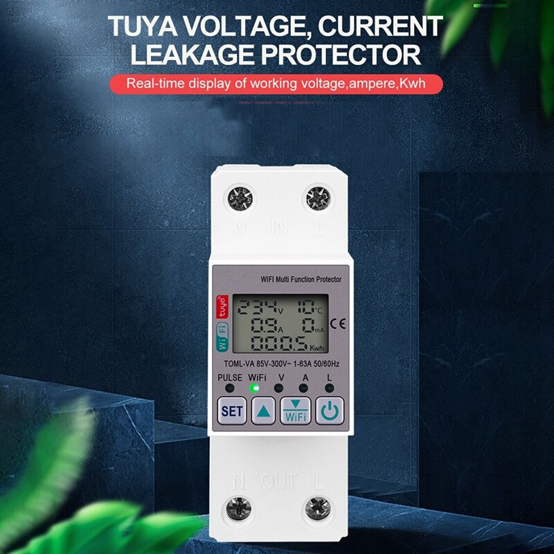 مقياس طاقة واي فاي من Tuya ، مفتاح قياس كيلوواط ساعة ، وظيفة توقيت مع حماية تيار الجهد والتسرب ، سهل الاستخدام ، 63A ، 110 فولت ، 220 فولت