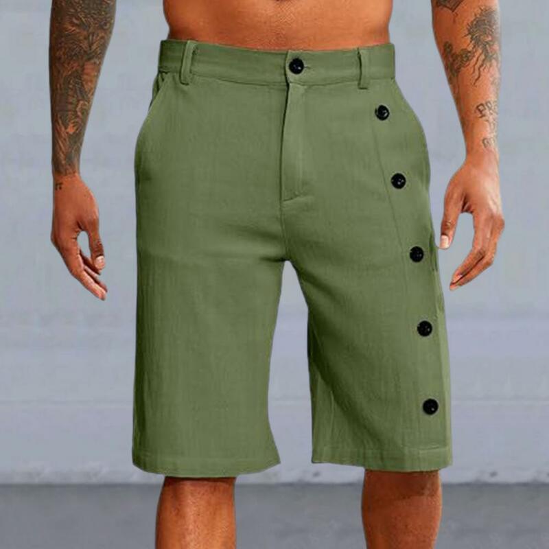 شورت رجالي متعدد الأزرار مع حزام مطاطي ، ملابس شاطئ صيفية غير رسمية تناسب الساق المستقيمة