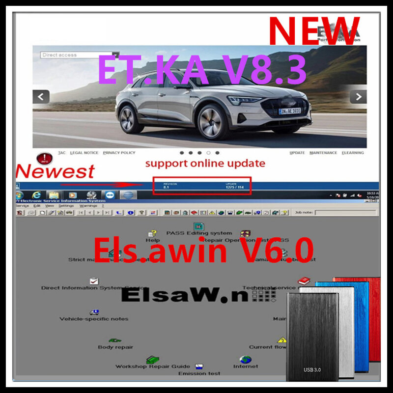 أحدث ELSAWIN 6.0 + Etka 8 .3 ل A-udi ل V-W مجموعة برامج إصلاح السيارات المركبات الأجزاء الإلكترونية كتالوج مساعدة مجانية تثبيت