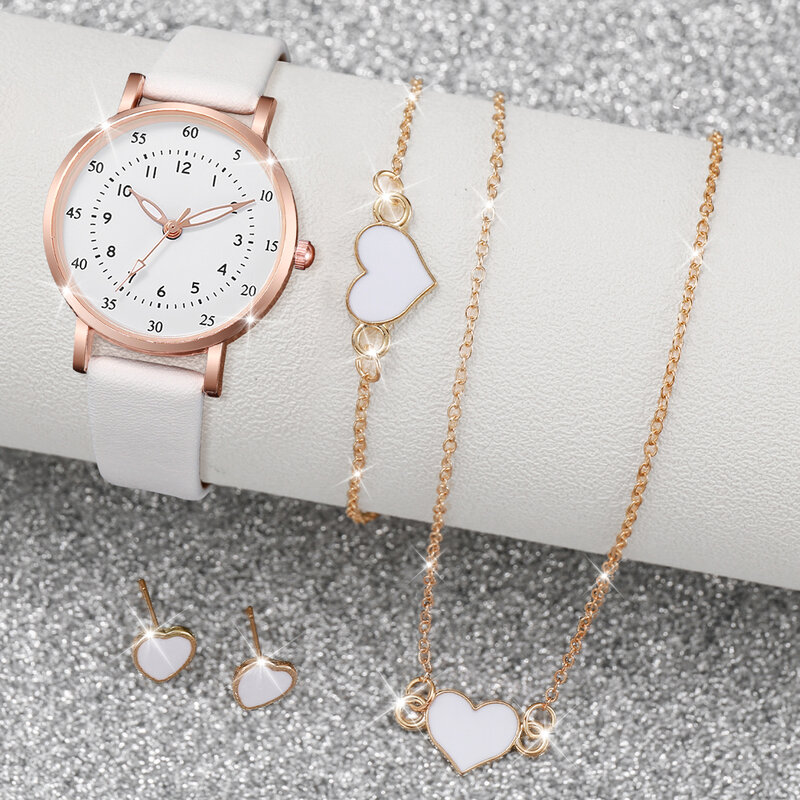 ساعة تشبيه بحزام من الجلد للنساء ، مجموعة مجوهرات قلب الحب ، الموضة ، 5 من كل مجموعة
