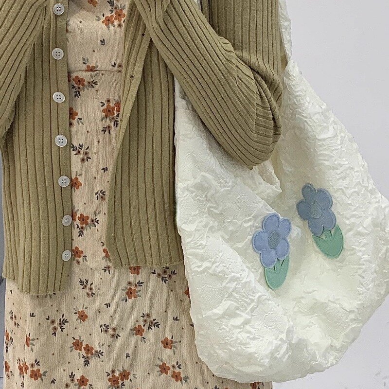 Xiuya-حقيبة كتف جمالية للنساء ، حقيبة حمل خفيفة الوزن أدبية ، حقيبة يد نسائية لطيفة على شكل زهرة حلوة ، طراز كوري ، أزياء مصممة