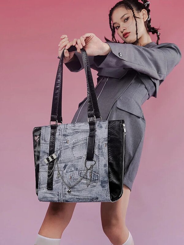 Large Capacity Denim Patchwork Tote Bag Women Fashion Luxury Designer Ladies Commuter Shoulder Bags 2022 New Female Handbags