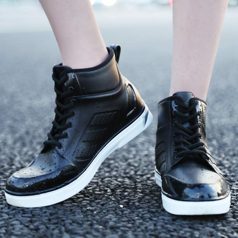 جديد أحذية مضادة للماء الرجال الأسود عالية أعلى حذاء من الجلد للمطر شقة عادية Rainboots للرجال موضة أحذية المطر المطاطية حجم 39-44