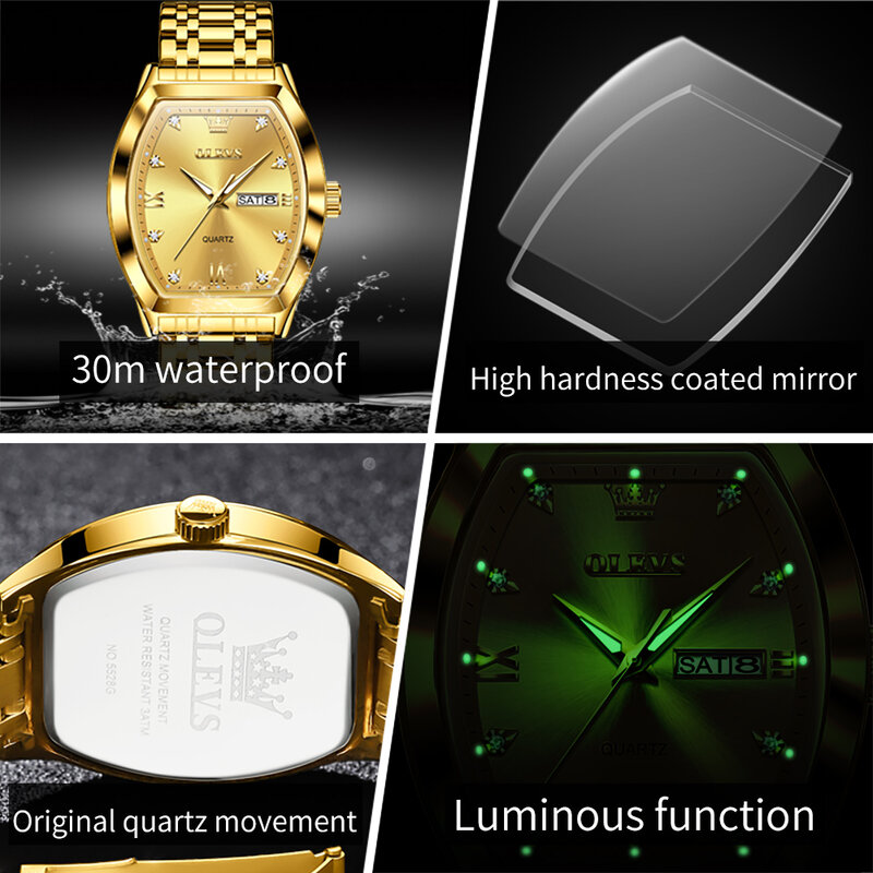 ساعة كوارتز ذهبية من OLEVS-Tonneau للرجال ، تقويم مزدوج مقاوم للماء ، ساعة يد رجالية مضيئة ، أفضل علامة تجارية فاخرة
