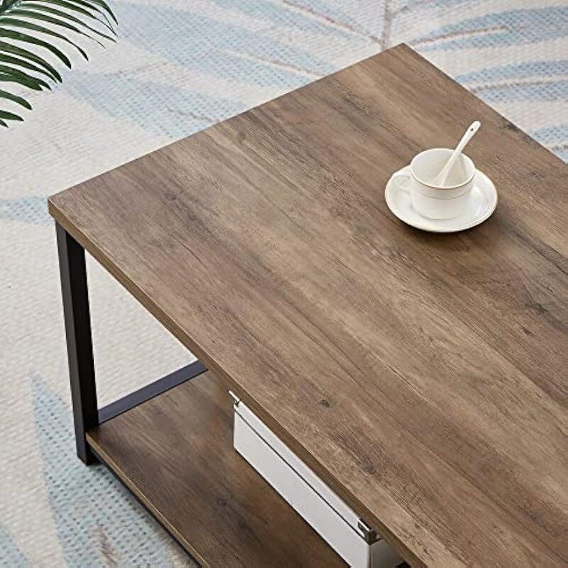 FOLUBAN-طاولة قهوة ريفية مع رف تخزين ، طاولة كوكتيل خشبية ومعدنية عتيقة لغرفة المعيشة