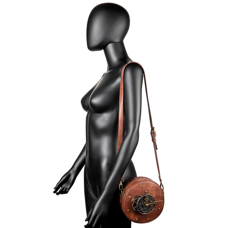 حقيبة يد متقاطعة مع الجسم من الجلد الطبيعي للنساء ، نمط كلاسيكي ، دائري ، مفرد ، كتف ، ستيمبانك ، دراجة نارية ، علامة تجارية جديدة