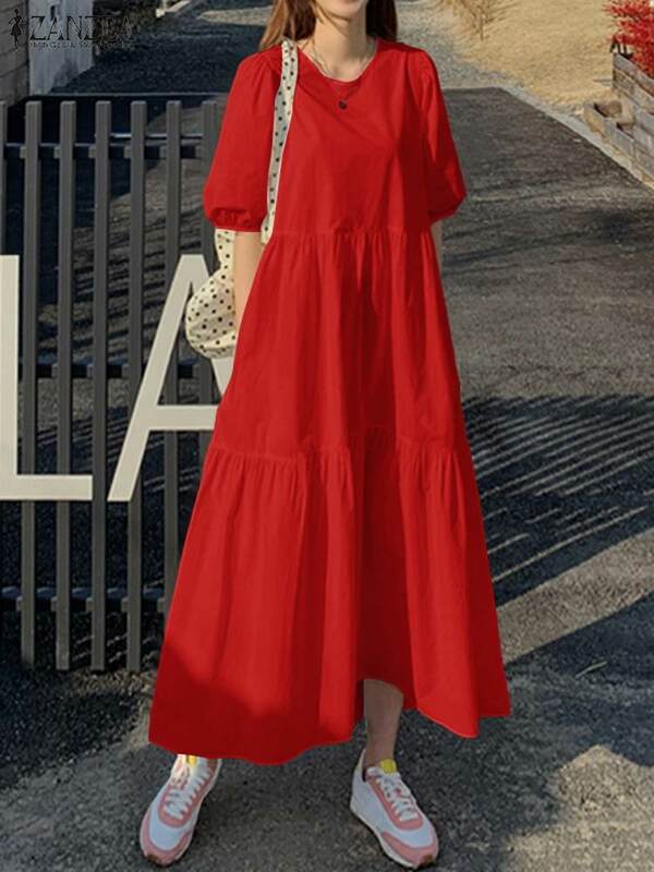 فستان صيفي أنيق للنساء من ZANZEA موضة 2023 فستان ماكسي بأكمام قصيرة غير رسمي من ZANZEA فستان نسائي برقبة دائرية مقاس كبير