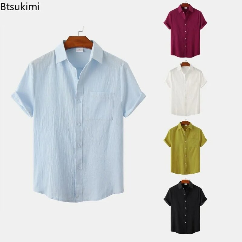 قمصان كتان قطنية للرجال على الطراز الصيني بأكمام قصيرة ، قمصان كاجوال بسيطة ، ملابس علوية مريحة بطية صدر ، بلون سادة ، الصيف ، من من من من القطن