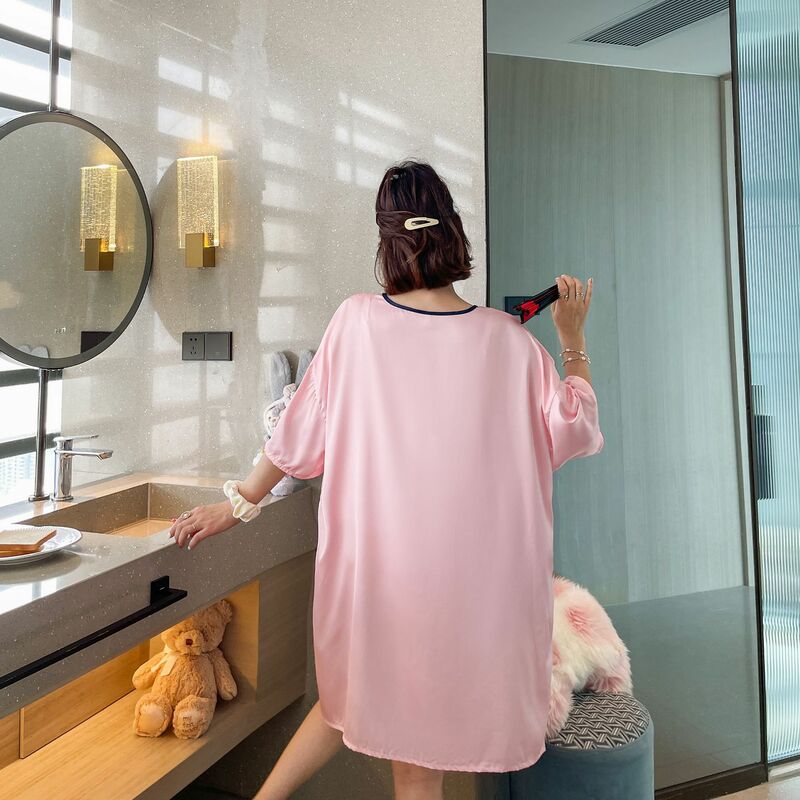 قميص نوم صيني كرتوني للنساء ، قطعة واحدة ، بيجامة مقاس كبير ، ملابس نوم بأكمام قصيرة ، ملابس منزلية