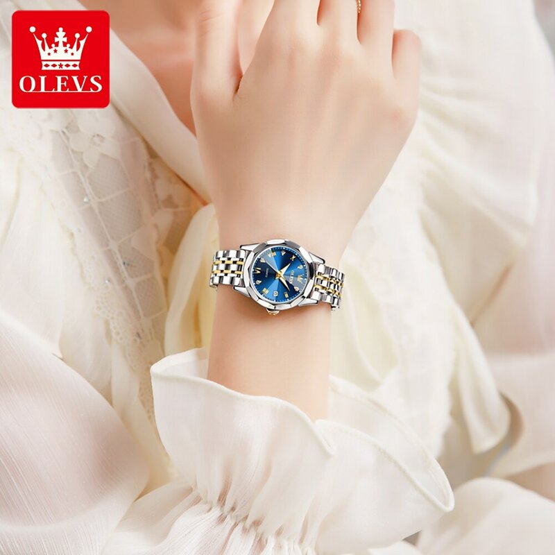 OLEVS-ساعة يد كوارتز مقاوم للماء من الفولاذ المقاوم للصدأ للنساء ، ساعات أنيقة ، مرآة المعين ، الماس الأصلي ، العلامة التجارية العليا