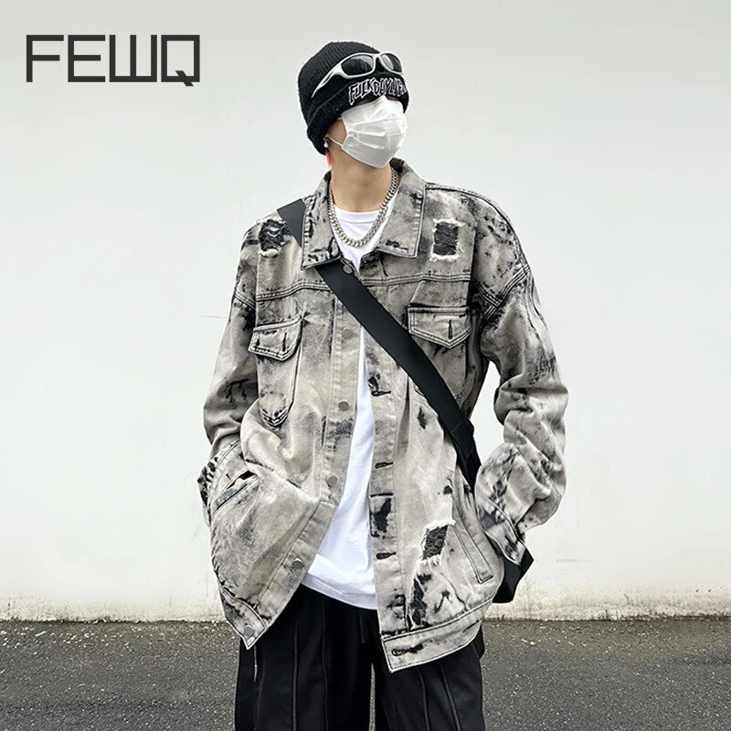 FEWQ-سترة جينز للرجال بصف واحد ، معطف بتصميم مناسب لطية صدر السترة ، مرقع ، قمة موضة الموضة ، موجة شارع عالية ، 24X9030 ، جديد