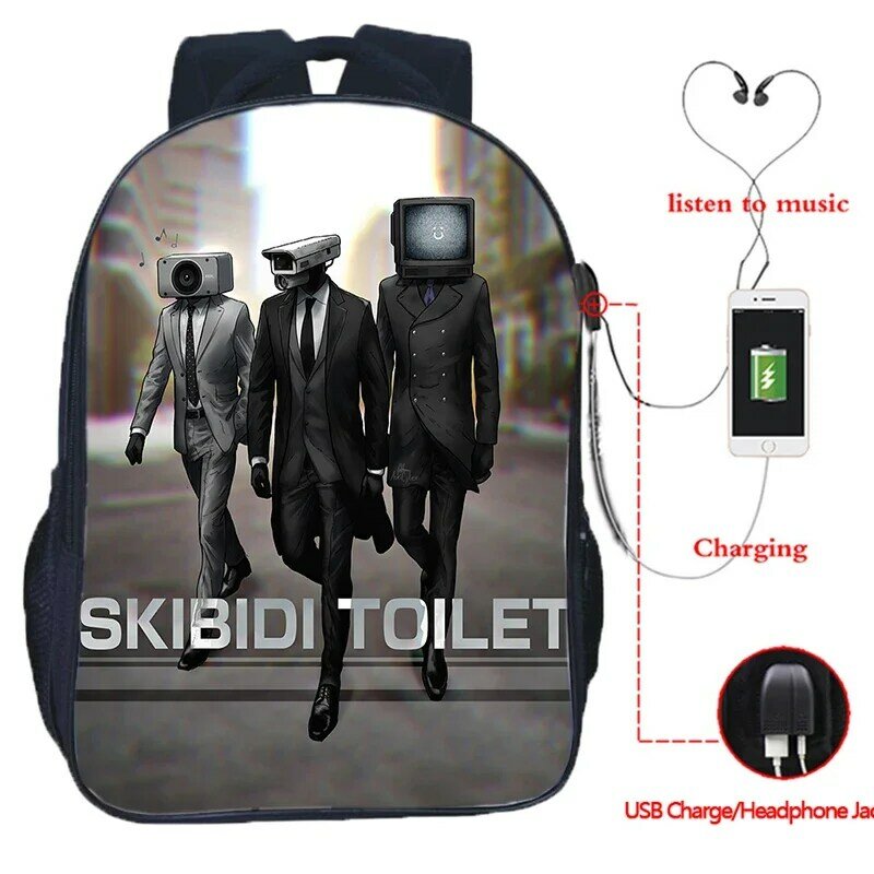 Skibidi-tolet مطبوع USB حقيبة ظهر للشحن للأولاد المراهقين ، حقائب مدرسية برسوم كرتونية ، حقائب ظهر للطلاب ، حقيبة مدرسية للكمبيوتر المحمول ، جودة عالية