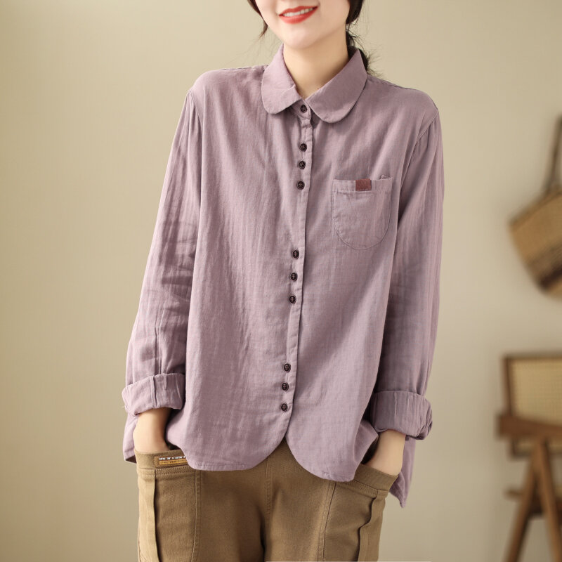 الكورية نمط المرأة القطن قمصان Vintage كم طويل بيتر بان طوق الإناث بلايز مكتب سيدة الأساسية قميص البلوزات امرأة بلوزة