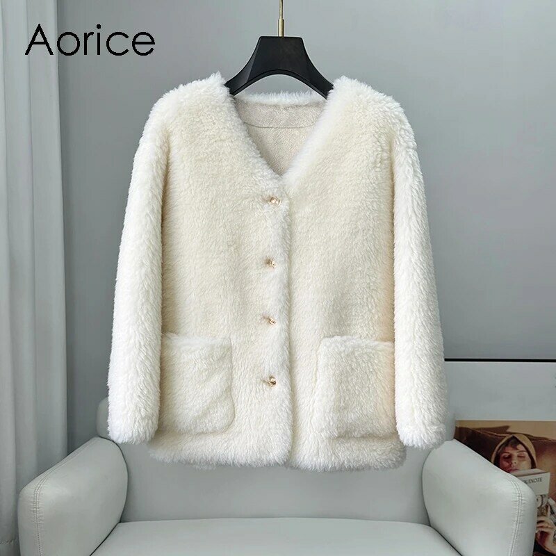 Aorice-معطف فرو من الصوف الحقيقي للنساء ، سترة ناعمة ، تصميم القص الأغنام ، دافئ لفصل الشتاء ، CT342
