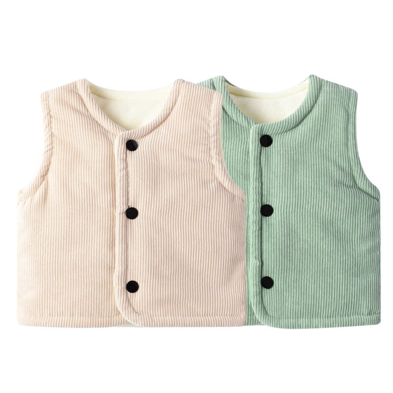 Winter Baby Boys Girls Sleeveless Round Neckline Button Closure Front Vertical Striped Solid Color Velvet Vest Top Daily Wear
