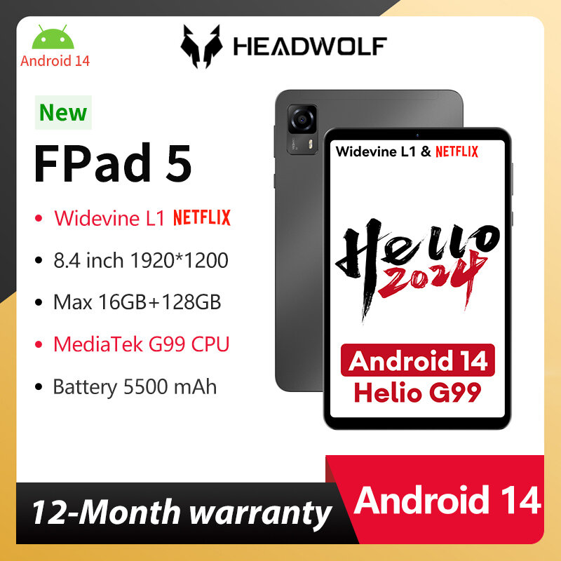 Headwolf FPad5 أندرويد 14 قرص 8.4 بوصة 8 غيغابايت + 8 غيغابايت من ذاكرة الوصول العشوائي 128GB UFS2.1 8KU G99 قرص 5500 ماه