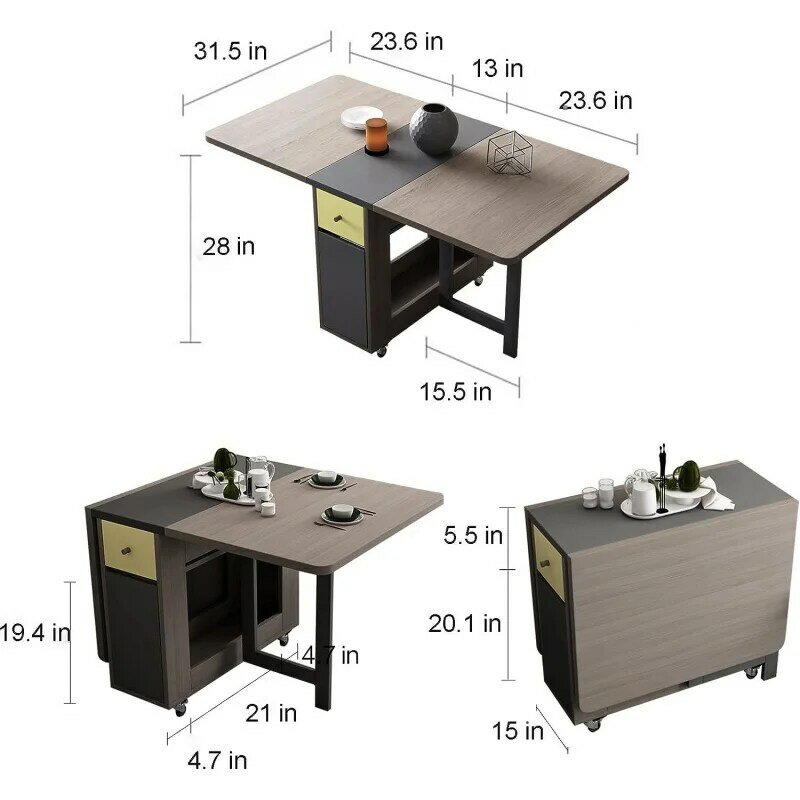 طاولة طعام قابلة للطي مع رف تخزين ودرجين ، طاولة مطبخ متحركة ، طاولة متعددة الاستخدامات قابلة للتمديد ، موفر للمساحة ، قابل للطي