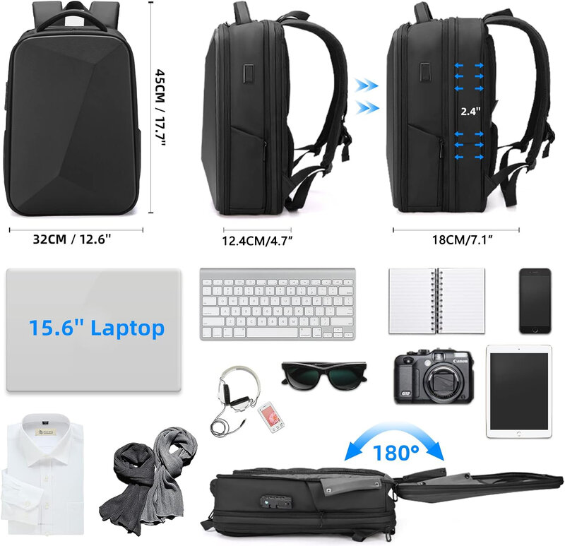 حقيبة ظهر للكمبيوتر المحمول قابلة للتوسيع للرجال ، مقاومة للماء ، حقيبة عمل ضد السرقة ، شحن USB ، حقيبة صلبة ،