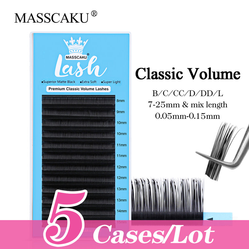 MASSCAKU-وصلات رموش فردية ، 12 خطًا ، بطول مختلط ، ناعم ، طبيعي ، طويل ، حجم كلاسيكي ، رموش العين ، بيع بالجملة ، 5 حالات/الكثير