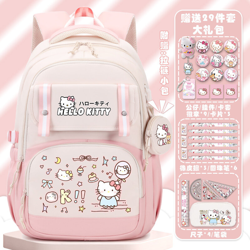 Sanrio Hello Kitty حقيبة مدرسية للطلاب ، سعة كبيرة للحرم الجامعي ، كرتون للأطفال ، حقيبة ظهر واقية للعمود الفقري ، جديدة