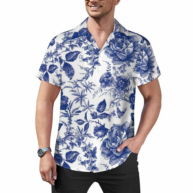 قميص شاطئ على شكل فراشة للرجال ، عتيق ، زهرة زرقاء ، هاواي ، كاجوال ، بلوزات جمالية ، قمم مطبوعة بأكمام قصيرة ، حجم كبير