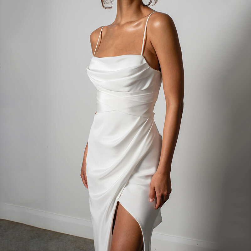 فستان زفاف أبيض بسيط حورية البحر أشرطة سباغيتي فتحة عالية 2022 ساتان بدون ظهر عادي مصنوع حسب الطلب رداء De Mariee مخصص