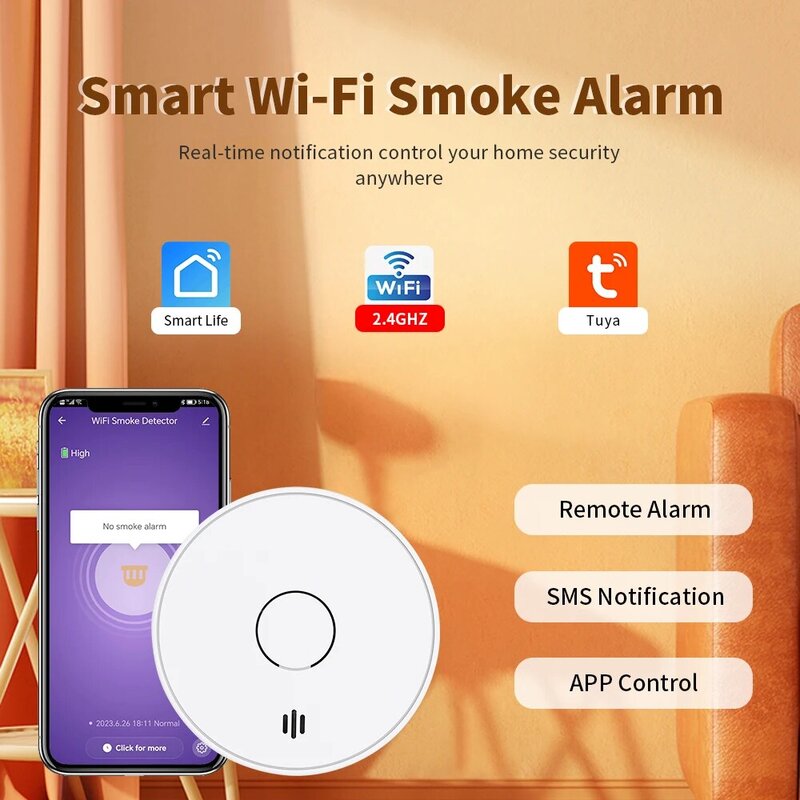 كاشف الدخان الذكي للمنزل يتوافق مع EN14604 ، V02W ، واي فاي إنذار الحريق مع تويا و SmartLife ، بطارية 10 سنوات