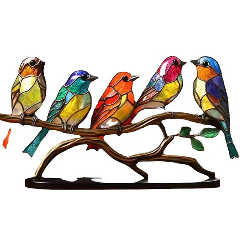 طيور أكريليك ملطخة على فرع زخارف سطح المكتب ، تمثال حرفي للطيور على الوجهين متعدد الألوان ، زخارف سطح المكتب