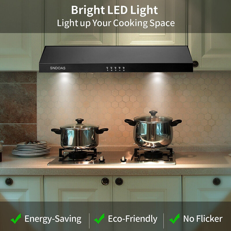 Tieasy-Kitchen تحت الخزانة مروحة طبخ سوداء ، غطاء نطاق إضاءة LED ، 600CFM ، 30 "، US0475