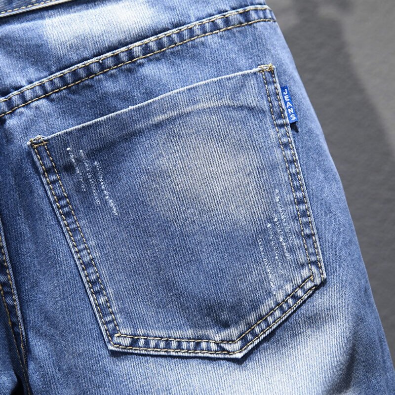 سراويل جينز قصيرة مطاطية غير رسمية للرجال ، جينز ضيق ، أزرق ، طول الركبة ، بنطال قصير ، ملابس رجالية ، صيف ، جديد