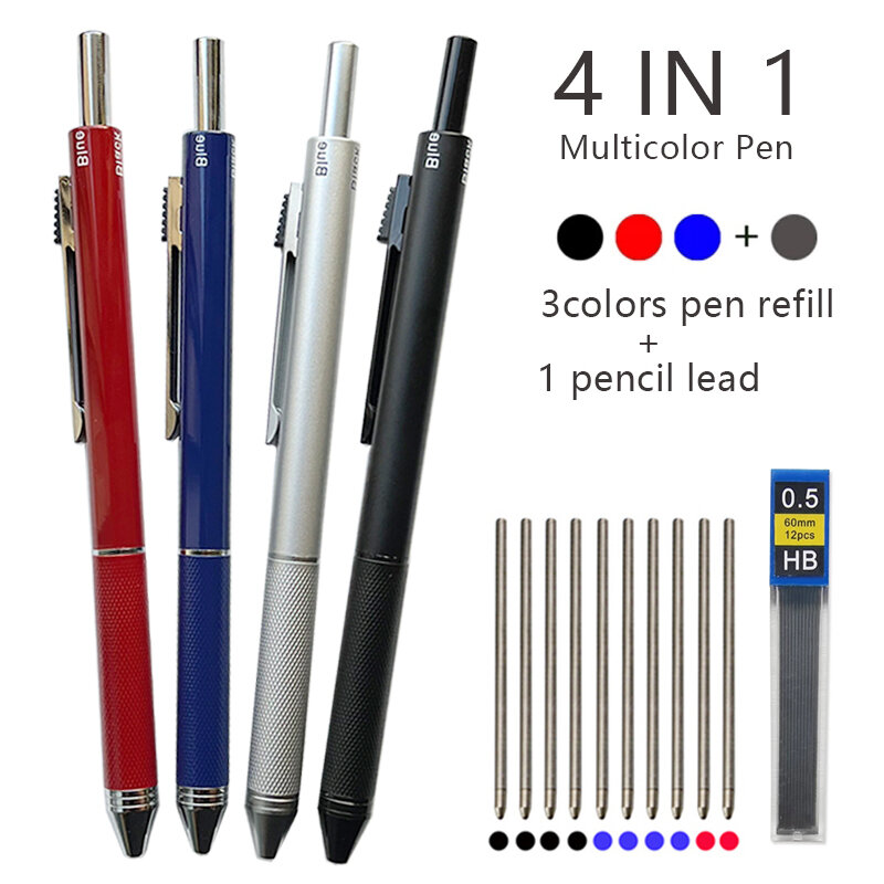 قلم حبر جاف معدني متعدد الألوان 4 في 1 بمستشعر الجاذبية قلم حبر جاف 3 ألوان قلم حبر و 1 قلم رصاص ميكانيكي مكتب قرطاسية مدرسية Gfit