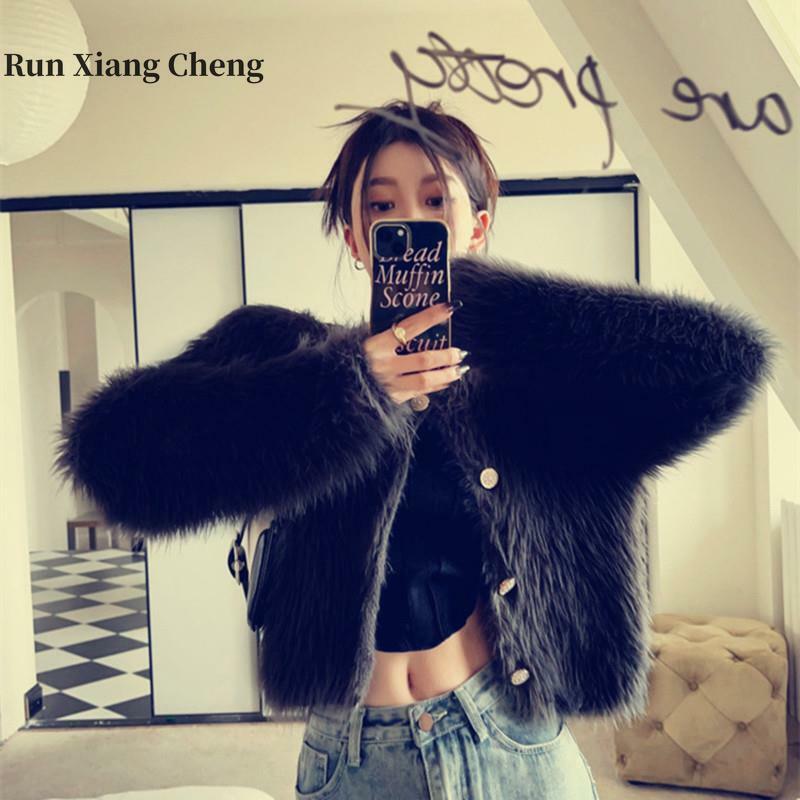 Runxiangcheng-سترة قصيرة للنساء من الفراء الصناعي ، سترة الخريف والشتاء ، معطف أجنبي جديد ، شحن مجاني ، 2023