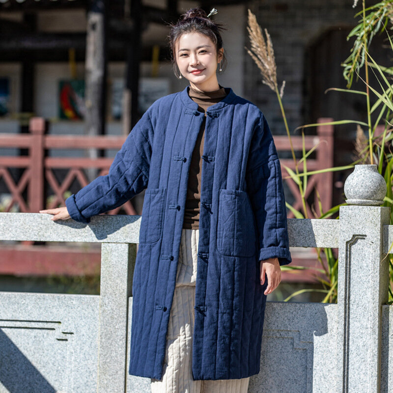 النمط الصيني مشبك منتصف طول القطن مبطن معطف للنساء ، الوقوف طوق ، القطن مبطن سترة ، القطن و الكتان طبقات