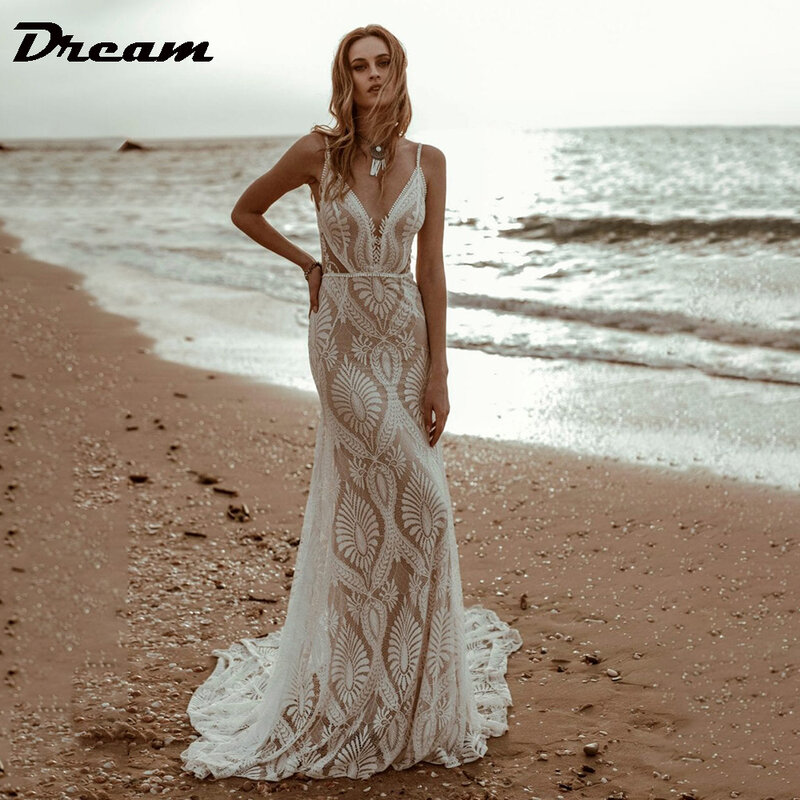 Dream-Lace فساتين زفاف على شكل حرف v, حورية البحر على الشاطئ, أشرطة سباغيتي, فساتين زفاف بدون أكمام, بدون ظهر, مثير, 2023