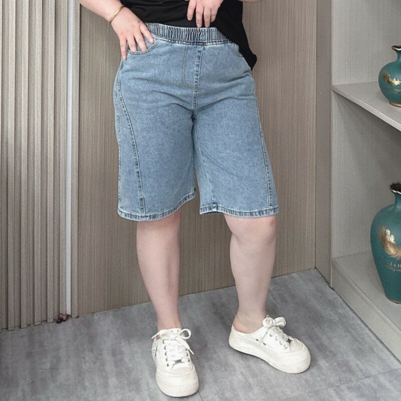 سراويل جينز نسائية مرنة عالية الخصر ، طول الركبة ، جينز واسع الساق ، فضفاض ، غير رسمي ، مقاس كبير ، الصيف ،
