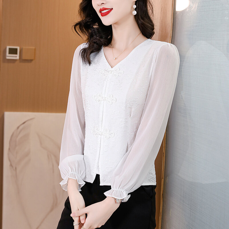 قميص شيفون على الطراز الصيني للنساء ، قميص بأكمام طويلة ، قميص بخصر صغير ، مقاس ضيق ، توب قصير ، جديد ، ربيعي ،
