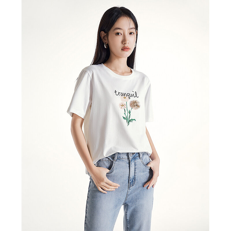 Toyouth Women T-shirt 2023 Summer Short Sleeve Round Neck Loose Tees 3D Flower Print Pure Cotton Comfort Casual Chic Tops
