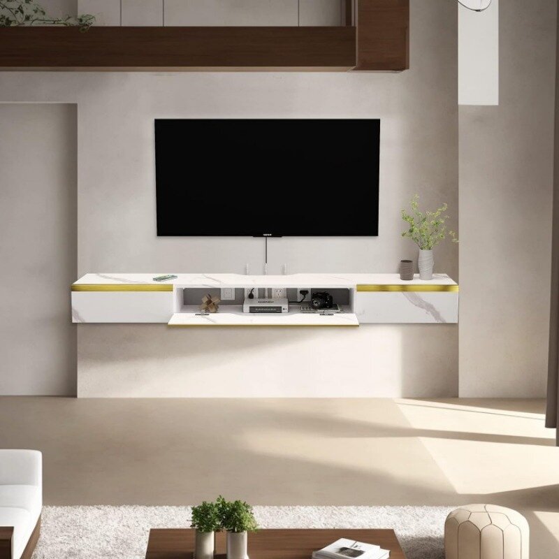 Pmnianhua-رف تلفزيون عائم بأدراج ، وحدة تحكم تلفزيون مثبتة على الحائط ، وسائط ترفيهية ، وحدة حائط خشبية ، 66 بوصة