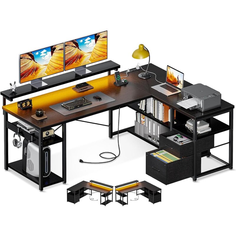 مكتب ألعاب على شكل حرف L مع أدراج ملفات ، مكتب كمبيوتر قابل للعكس مع منافذ طاقة وأضواء ليد ، مكتب منزلي