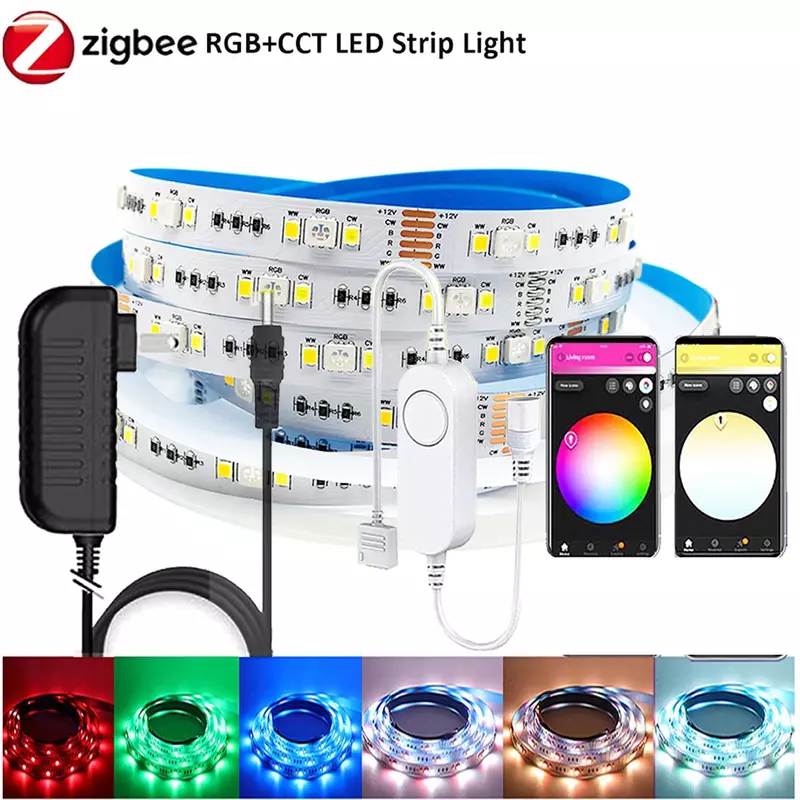 وحدة تحكم ذكية 3.0 زيجبي بجهد 12 فولت طراز 5050 RGBCCT RGB + W + CW مجموعة شريط إضاءة LED لمصابيح Tuya smartthing Echo Plus Z2mqtt 1 متر-5 متر