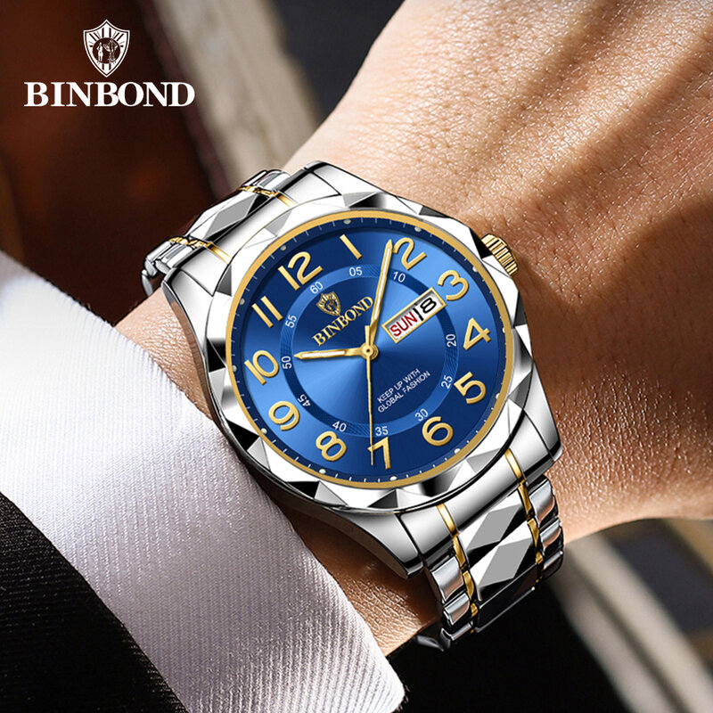 BINBOND-ساعة يد رجالية مقاومة للماء ، أفضل الساعات الفاخرة ، مضيئة ، تاريخ الأسبوع ، كوارتز ، جودة عالية ، علامة تجارية مشهورة