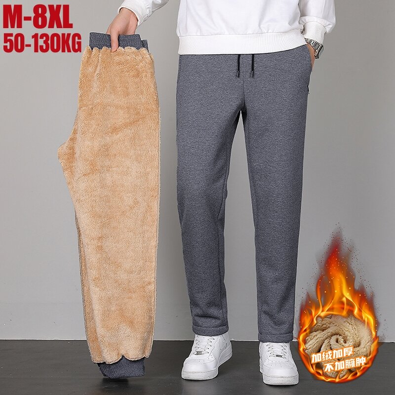 حجم كبير Sweatpants الشتاء رشاقته الدافئة الصوف بطانة بنطلون الرجال الصلبة أسود رمادي ركض رياضية Pants غير رسمية 6xl 7xl 8xl