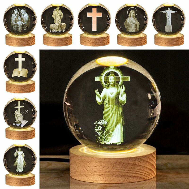 الحرف اليدوية إضاءة خشبية USB ضوء ثلاثية الأبعاد ضوء الليل بلورات الزجاج الكرة LED عرض موقف الكنيسة الحدث تذكارية