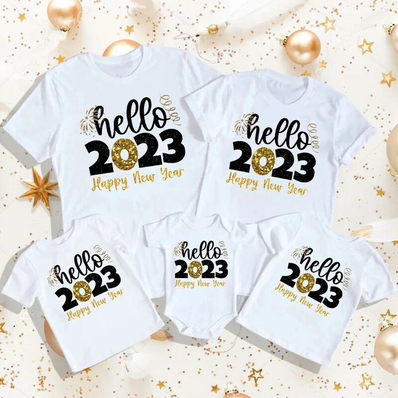 ملابس عائلية متشابهة لعام 2023 من Hello لرأس السنة الجديدة تي شيرت أمي وبناتي تي شيرت بدلة للأطفال ملابس عائلية للعام الجديد