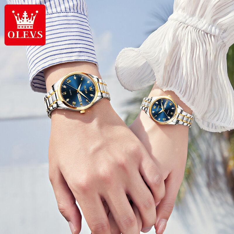 OLEVS زوجين مشاهدة العلامة التجارية الفاخرة ساعة الموضة الأصلي ساعة كوارتز الفولاذ المقاوم للصدأ مقاوم للماء توهج له/لها زوج ساعات