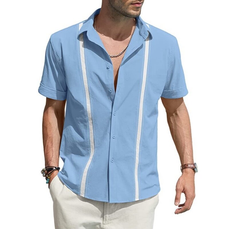 قميص بولو رجالي بأكمام قصيرة من الكتان ، قميص كاجوال مطبوع على الشاطئ بقصة ضيقة ، أزياء مطابقة الألوان ، الصيف