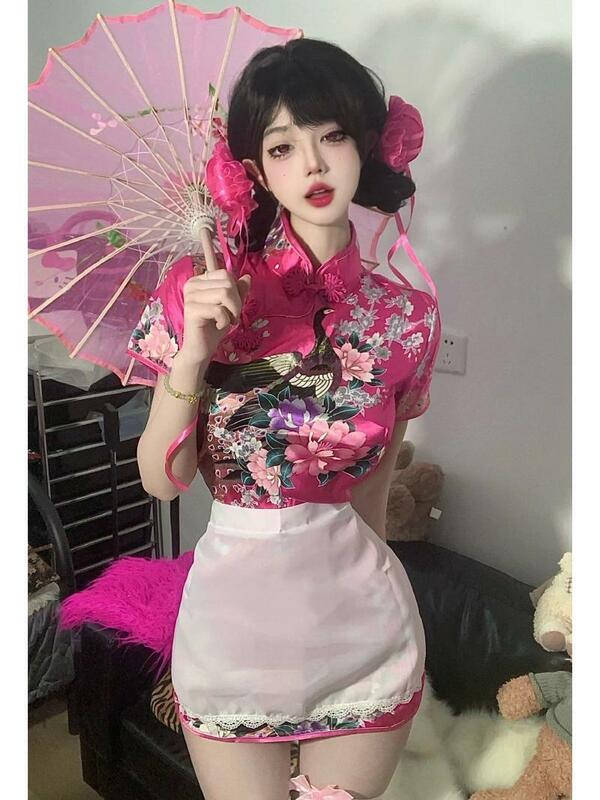 فستان هانفو على الطراز الصيني للنساء ، فتاة مثيرة ، رغبة نقية ، طراز حار ، مجموعة شيونغسام محسنة مع مريلة