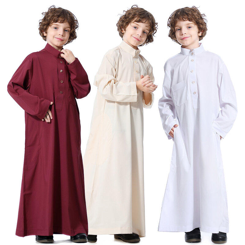 أولاد أطفال إسلامي مسلم جوبا قفطان رداء عربي دبي قطر بوي كم طويل قميص عباية رداء فستان بلون سادة