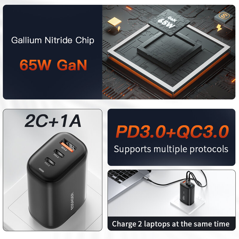 شاحن Essager USB من النوع C بقدرة 65 وات ومعالج GaN QC3.0 PD3.0 لهاتف iphone 14 13 12 Pro Max وشحن سريع وشاحن EU Plug